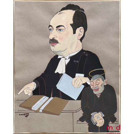 L’AVOCAT ET L’INNOCENT, Grande caricature originale signée