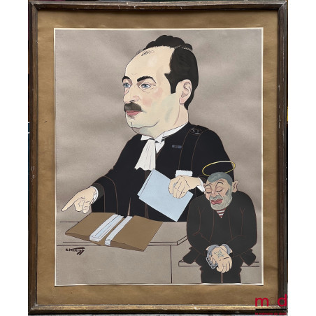 L’AVOCAT ET L’INNOCENT, Grande caricature originale signée