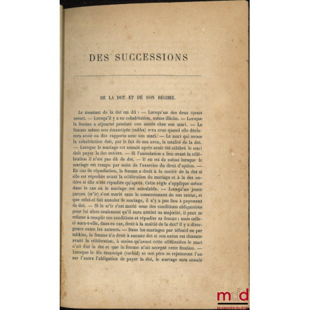 DU STATUT PERSONNEL ET DES SUCCESSIONS, DROIT MUSULMAN [tome II seul]