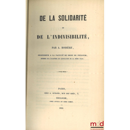 DE LA SOLIDARITÉ ET DE L’INDIVISIBILITÉ