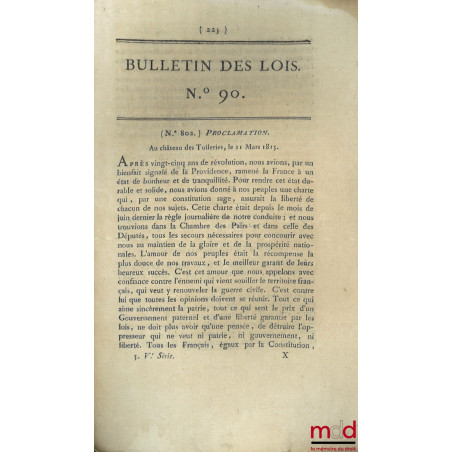 ENSEMBLE DE 20 BULLETINS DES LOIS :Directoire exécutif, Ministère de la police générale de la République, (signé Foissac-La-...