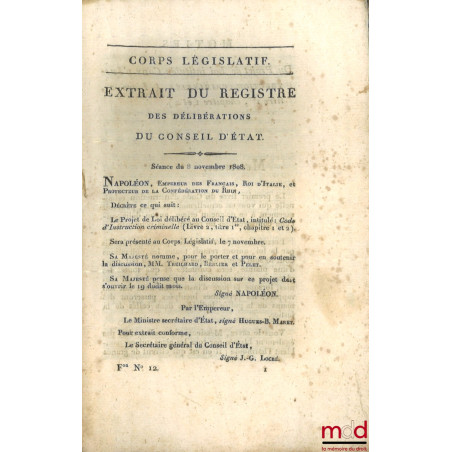 ENSEMBLE DE 20 BULLETINS DES LOIS :Extrait du registre des délibérations du Conseil d?État, Du Projet de Loi intitulé : Code...