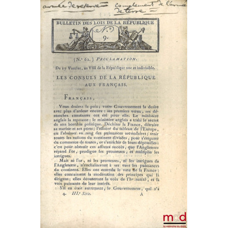 ENSEMBLE DE 20 BULLETINS DES LOIS :Bulletin des lois de la République française, Arrêté du Directoire exécutif qui règle pro...