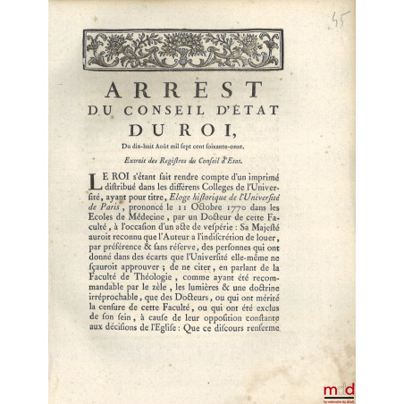 ARREST DU CONSEIL D’ÉTAT DU ROI du dix-huit Août mil sept cent soixante-onze, Portant suppression du livre ÉLOGE HISTORIQUE D...