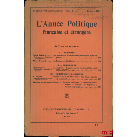 L’ANNÉE POLITIQUE FRANÇAISE ET ÉTRANGÈRE, 6e année, Fasc. 3, Octobre 1931