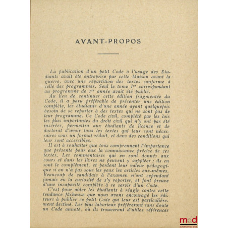 CODE CIVIL et principaux textes complémentaires, Avant-propos de M. André Rouast, Nouvelle éd. mise à jour par René Roblot