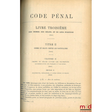 CODE PÉNAL ANNOTÉ, Recueil général des lois et des arrêts et Journal du Palais, Codes annotés contenant sous chaque article l...