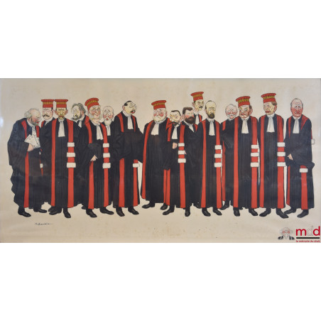 LITHOGRAPHIE REHAUSSÉE À LA GOUACHE SUR LE THÈME DES PROFESSEURS À LA FACULTÉ DE DROIT, représentant TOUS LES PROFESSEURS DE ...