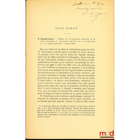 F. DESSERTEAUX, ÉTUDES SUR LA FORMATION HISTORIQUE DE LA CAPITIS DEMINUTIO : I. Ancienneté respective des cas et des sources ...