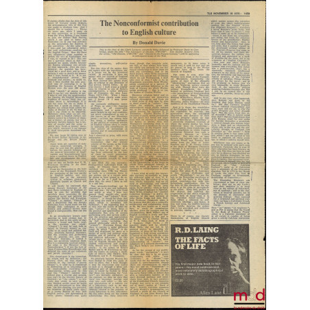 NON CONFORMISM IN ENGLISH CULTURE, 1976 :Donald DAVIE, « The Nonconforist contribution to English culture », TLS, 19 nov. 19...