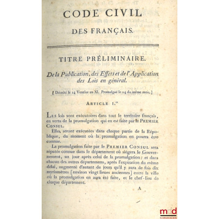 CODE CIVIL DES FRANÇAIS, ÉDITION ORIGINALE ET SEULE OFFICIELLE