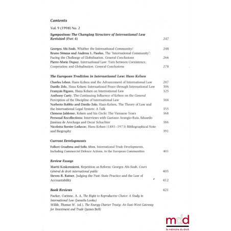 EUROPEAN JOURNAL OF INTERNATIONAL LAW :Volume 9 (1998) : n° 2 et 3 ;Volume 19 (2008) : n° 2 à 5 ;Volume 20 (2009) : n° 1 à...