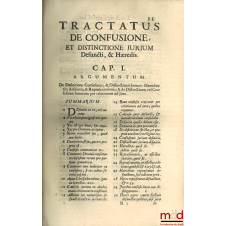 TRACTATUS DE CONFUSIONE, ET DISTINCTIONE JURIUM Defuncti, & Hæredis. In quo novis distinctionibus opiniones DD. conciliantur,...