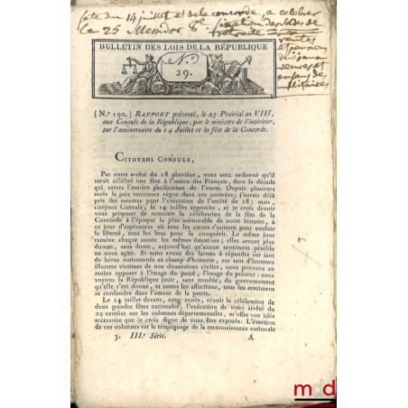 ENSEMBLE DE 20 BULLETINS DES LOIS :Directoire exécutif, Ministère de la police générale de la République, (signé Foissac-La-...