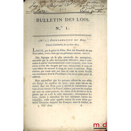 ENSEMBLE DE 20 BULLETINS DES LOIS :Directoire exécutif, Ministère de la police générale de la République, (signé Foissac-La-...