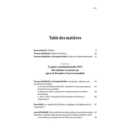 WEIMAR : UNE CONSTITUTION MONDIALE ?Contexte et réception de la Constitution de 1919Sous la direction de Thomas KLEINLEIN,...