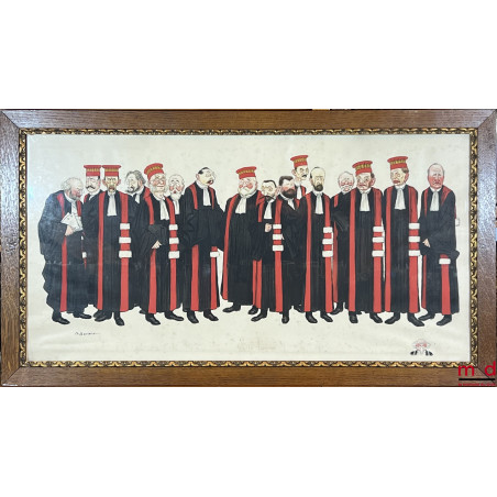 LITHOGRAPHIE REHAUSSÉE À LA GOUACHE SUR LE THÈME DES PROFESSEURS À LA FACULTÉ DE DROIT, représentant TOUS LES PROFESSEURS DE ...