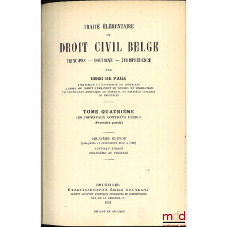 TRAITÉ ÉLÉMENTAIRE DE DROIT CIVIL BELGE, PRINCIPES - DOCTRINE - JURISPRUDENCE, 2e éd. complétée et entièrement mise à jour, N...