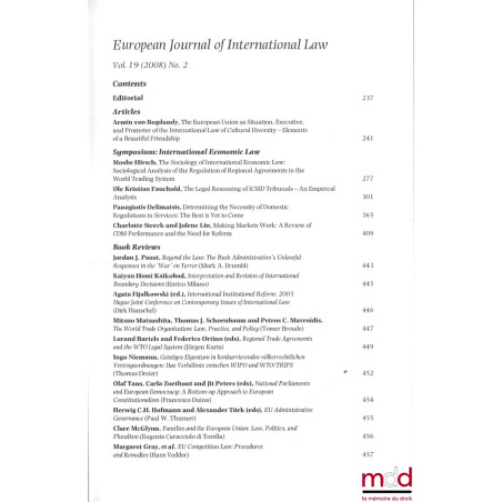 EUROPEAN JOURNAL OF INTERNATIONAL LAW :Volume 9 (1998) : n° 2 et 3 ;Volume 19 (2008) : n° 2 à 5 ;Volume 20 (2009) : n° 1 à...