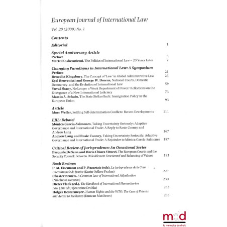 EUROPEAN JOURNAL OF INTERNATIONAL LAW :Volume 9 (1998) : n° 2 et 3 ;Volume 19 (2008) : n° 2 à 5 ;Volume 20 (2009) : n° 1 à...