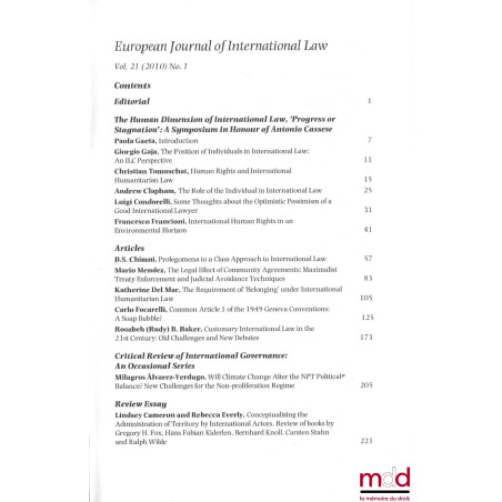 EUROPEAN JOURNAL OF INTERNATIONAL LAW :Volume 9 (1998) : n° 2 et 3 ;Volume 19 (2008) : n° 2 à 5 ;Volume 20 (2009) : n° 1 à...