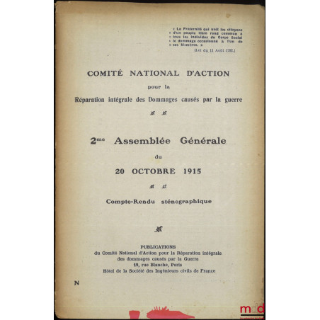 COMITÉ NATIONAL D?ACTION POUR LA RÉPARATION INTÉGRALE DES DOMMAGES CAUSÉS PAR LA GUERRE, 2e Assemblée générale du 20 octobre ...