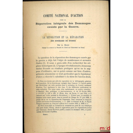 LA RÉVOLUTION ET LA RÉPARATION DES DOMMAGES DE GUERRE, Comité national d?action pour la réparation intégrale des dommages cau...