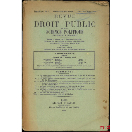 C. Eisenmann, DIX ANS D?HISTOIRE CONSTITUTIONNELLE AUTRICHIENNE (1918 - 1928) ;B. Mirkine-Guetzevitch, LES NOUVELLES TENDANC...