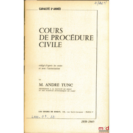 COURS DE DROIT PROCÉDURE CIVILE, Capacité 2e année, 1959-1960