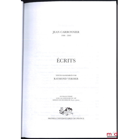 JEAN CARBONNIER 1908-2003, ÉCRITS, Textes rassemblés par Raymond Verdier