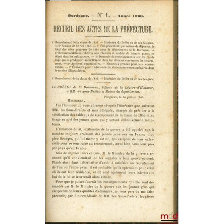 RECUEIL DES ACTES DE LA PRÉFECTURE DE DORDOGNE, années 1860, 1861