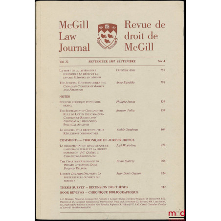 MCGILL LAW JOURNAL / REVUE DE DROIT DE MCGILL, septembre 1987, vol. 32, n° 4