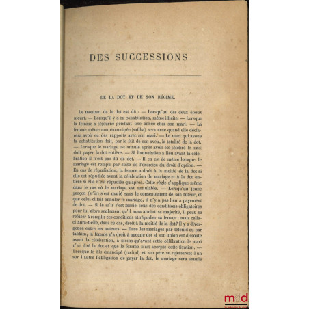 DU STATUT PERSONNEL ET DES SUCCESSIONS, DROIT MUSULMAN [tome II seul]