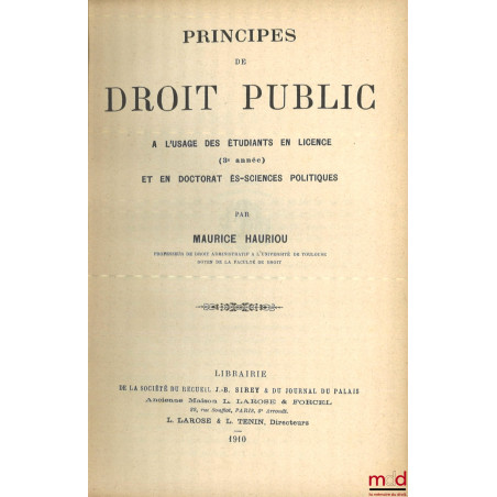 PRINCIPES DE DROIT PUBLIC À L’USAGE DES ÉTUDIANTS EN LICENCE (3e année) ET EN DOCTORAT ÈS-SCIENCES POLITIQUES