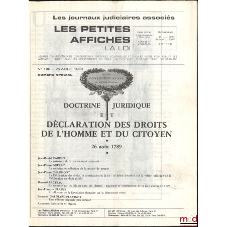 DOCTRINE JURIDIQUE ET DÉCLARATION DES DROITS DE L?HOMME ET DU CITOYEN, 26 août 1789, Les Petites Affiches - La loi, n° 102 - ...