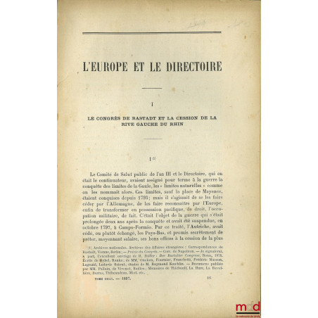 Revue des Deux Mondes, extraits des t. CXLII, CXLIII, CXLIV, CXLV : L?EUROPE ET LE DIRECTOIRE. I- Le congrès de Rastadt et la...