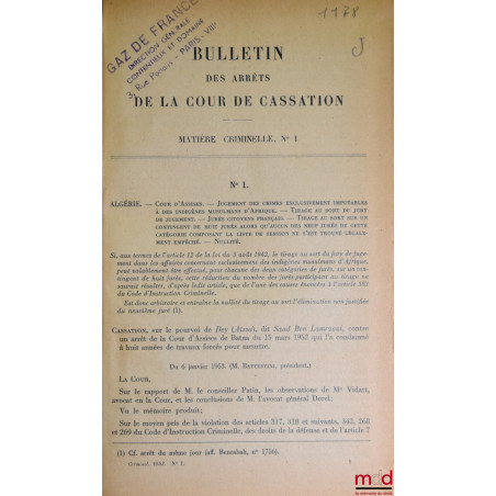 BULLETIN DES ARRÊTS DE LA COUR DE CASSATION, Chambre criminelle, 1953 à 2006 [complet]