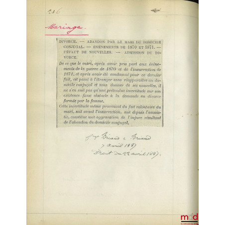 JURISPRUDENCE DE LA 1re CHAMBRE DE LA COUR D’APPEL [IMPÉRIALE] DE PARIS [1863-1898] :1er vol. : 1863 à 1868 ;2e vol. : 1869...