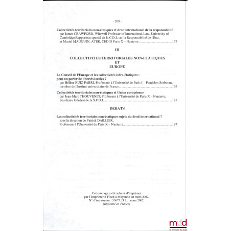 LES COLLECTIVITÉS TERRITORIALES NON-ÉTATIQUES DANS LE SYSTÈME JURIDIQUE INTERNATIONAL, Journée d’études organisée avec le con...