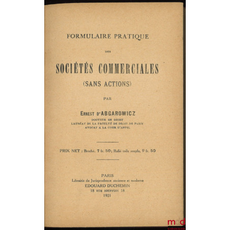 FORMULAIRE PRATIQUE DES SOCIÉTÉS COMMERCIALES (sans actions)