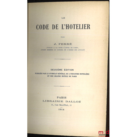 CODE DE L’HÔTELIER, 2e éd.