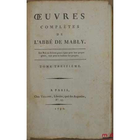 ŒUVRES COMPLÈTES DE L’ABBÉ DE MABLY (t. V manquant)
