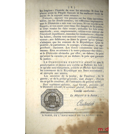 ENSEMBLE DE 18 BULLETINS DES LOIS :Bulletin des lois de la République française, Arrêté du Directoire exécutif qui règle pro...