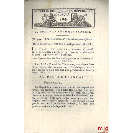 ENSEMBLE DE 18 BULLETINS DES LOIS :Bulletin des lois de la République française, Arrêté du Directoire exécutif qui règle pro...