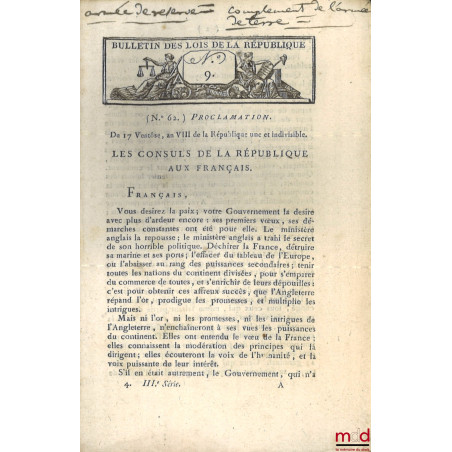 ENSEMBLE DE 18 BULLETINS DES LOIS :Bulletin des lois de la République française, Arrêté du Directoire exécutif qui règle pro...