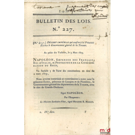 ENSEMBLE DE 18 BULLETINS DES LOIS :Bulletin des lois de la République française, Arrêté du Directoire exécutif qui règle pro...