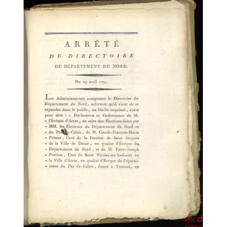 RECUEIL DE LOIS, PROCLAMATIONS DU ROI ET DE LA LETTRE PASTORALE DE MONSIEUR L?ÉVÊQUE DU DÉPARTEMENT DU NORD D 2 MARS AU 27 AV...