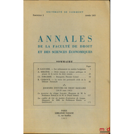 Annales de la Faculté de droit et des sciences économiques, Université de Clermont, fasc. 2, année 1965