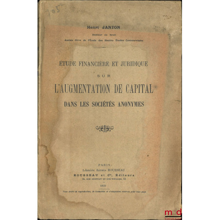 ÉTUDE FINANCIÈRE ET JURIDIQUE SUR L’AUGMENTATION DU CAPITAL DANS LES SOCIÉTÉS ANONYMES