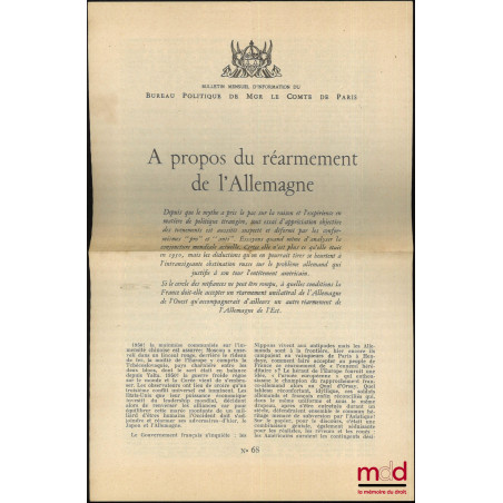 À PROPOS DU RÉARMEMENT DE L’ALLEMAGNE, Bulletin mensuel d’information du Bureau politique de Mgr Le Comte de Paris, n° 68